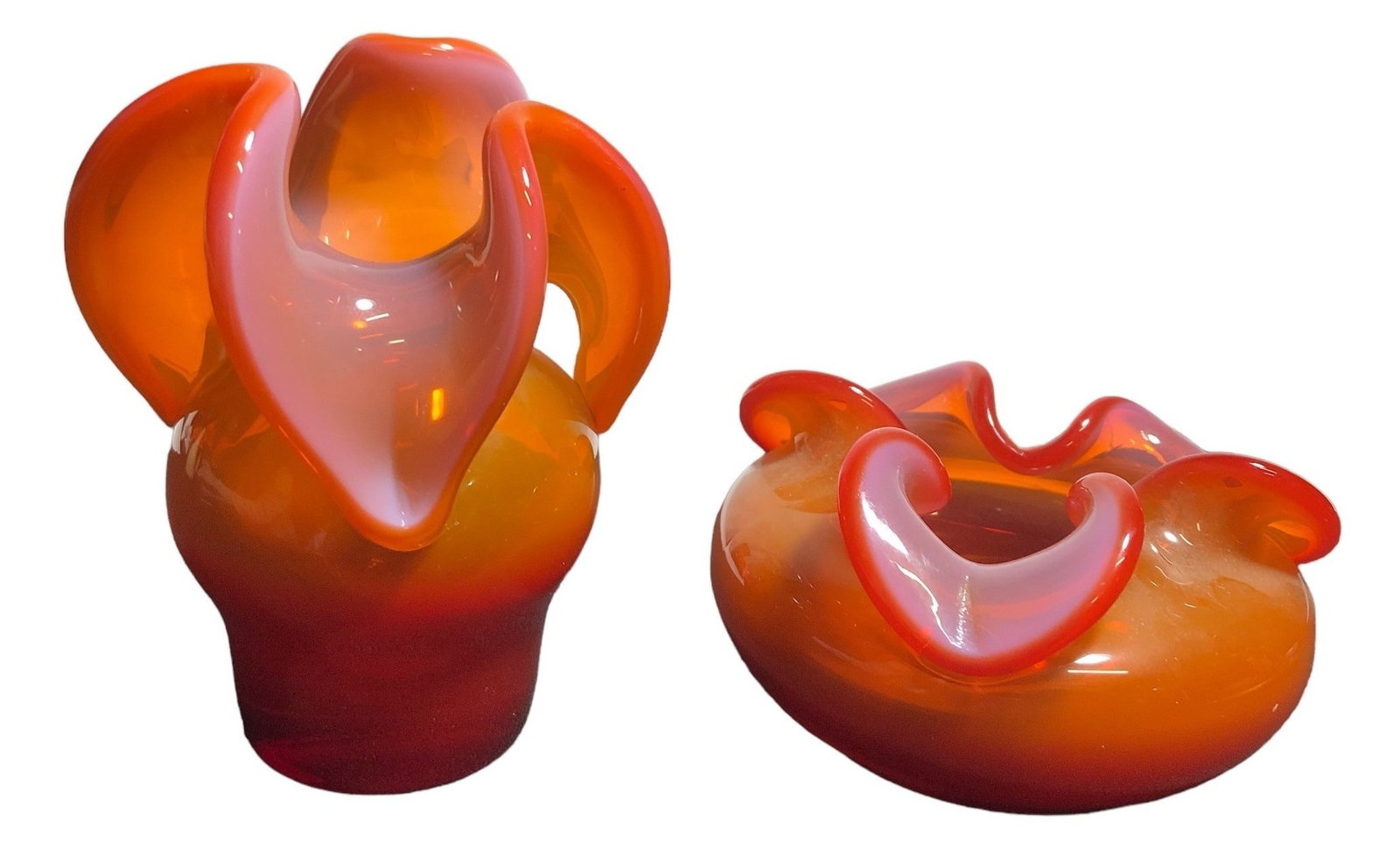 Two 1970's CZESLAW KOZIOLEK for HUTA BARBARA Flower Vases: Larger piece measures 4" H x 3.5" W