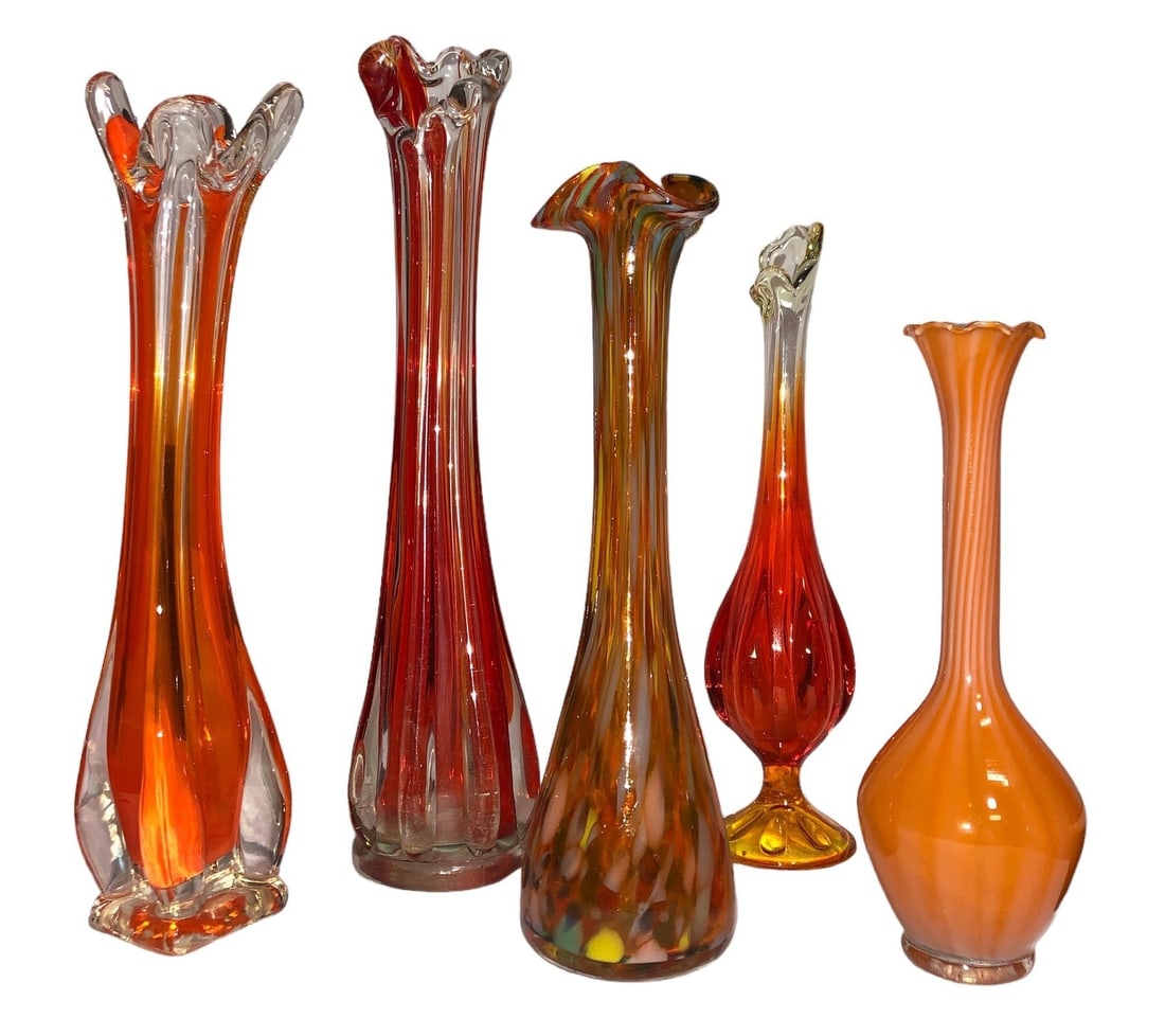 Collection Mid Century Art Glass Swung and Bud Vases: Largest one measures 12.75" H x 3" DIA at bottom; Various Vases including KREISS, ROSSINI, VIKING