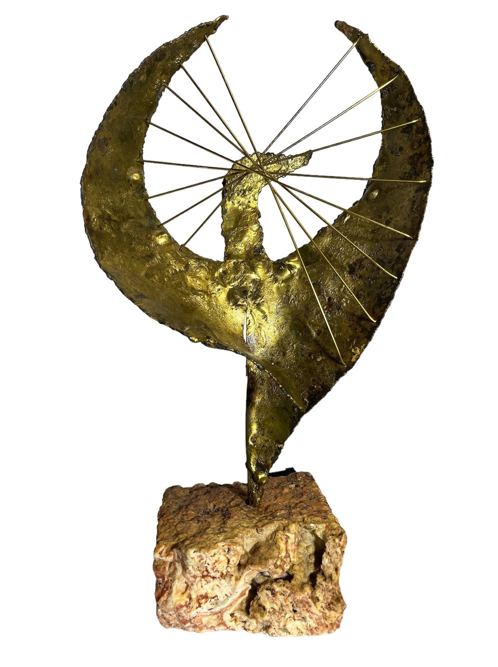 Mid Century Brutalist Metal Phoenix Sculpture on Natural Stone: 16" H x 9" W x 4.5" D
