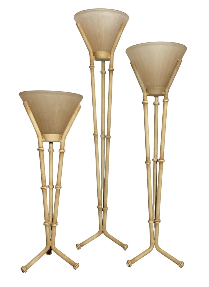 Three Mid Century Metal Torchiere Candle Holders: Largest measures 23" H x 5" at base