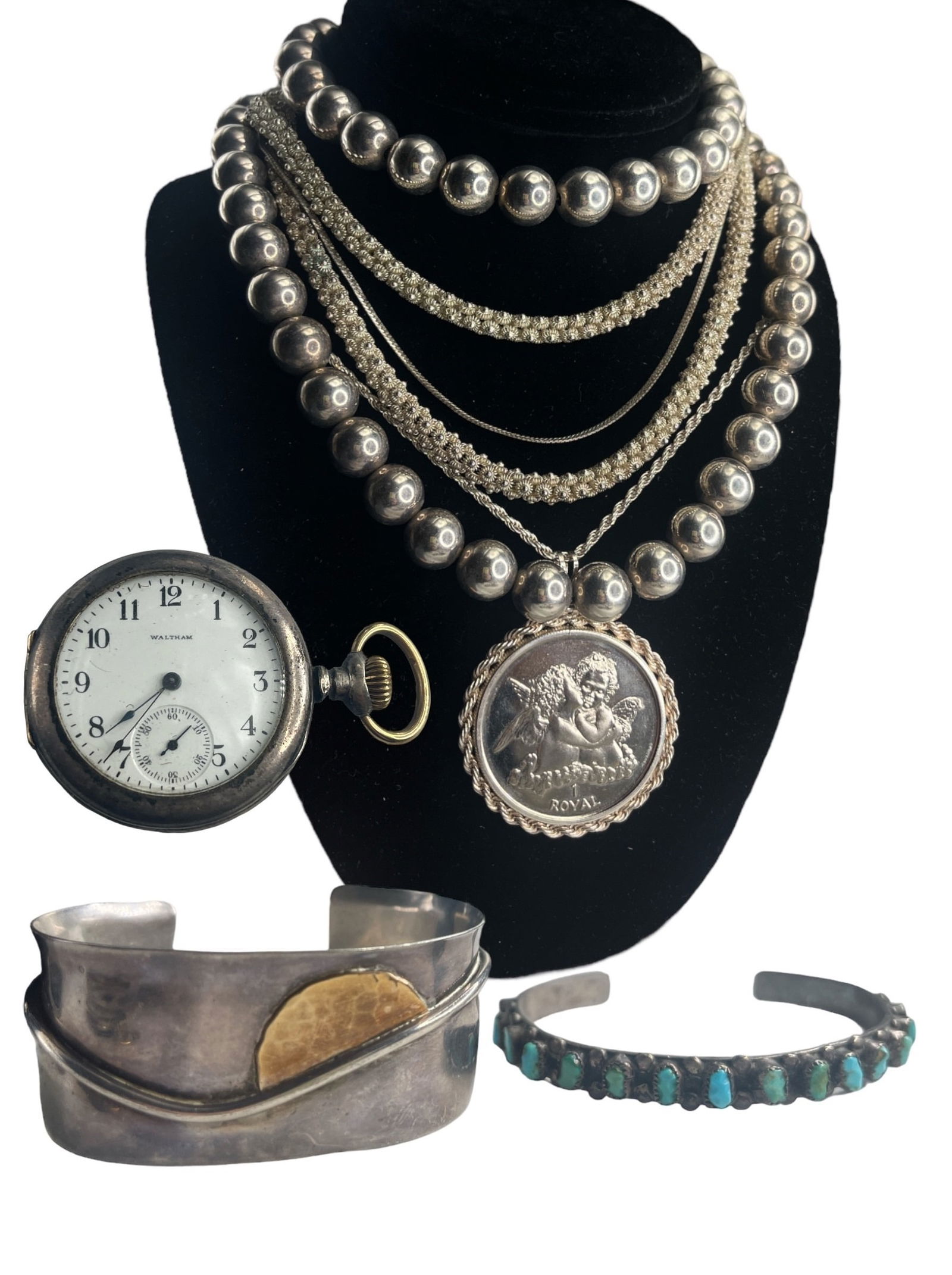 Collection WALTHAM Pocket Watch, Necklaces, Cuff Bracelets, Some Sterling (1 of 5)