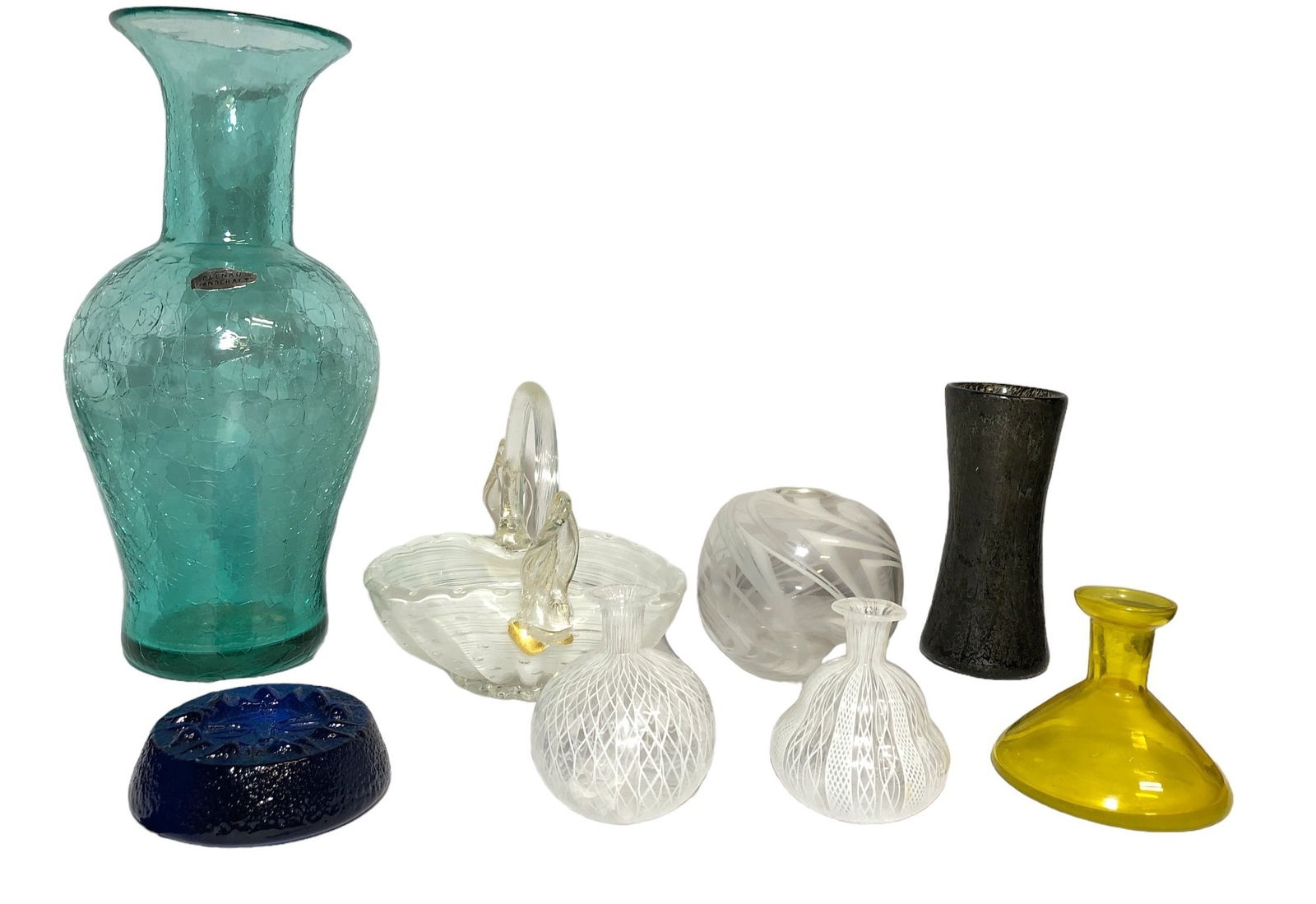 Collection BLENKO & Assorted Art Glass: Blenko seafoam green vase measures 13" H x 4.5" W at the top, Blenko sun face paperweight measures 1.5" H x 4" DIA