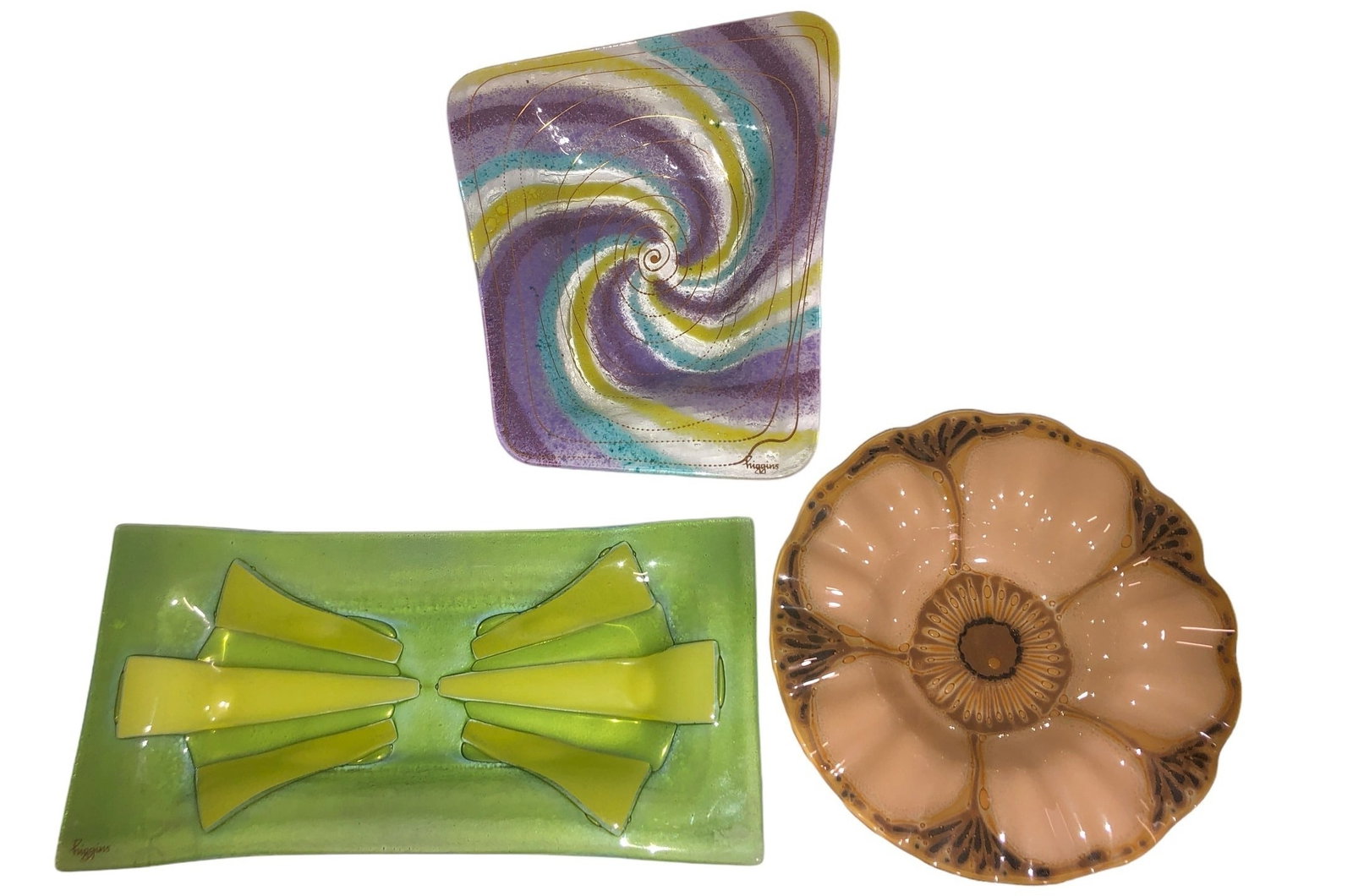 Collection Three Mid Century HIGGINS Art Glass Trays: Green Tray measures 1" Hex 10" W x 5" D. Swirled Glass Tray measures 1" H x 9" at the widest x 7" at the D; Floral Ashtray has 7" DIA