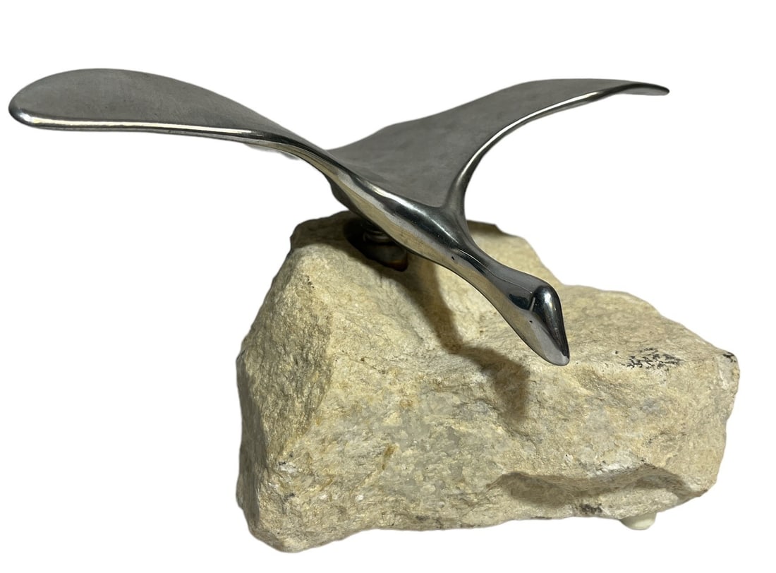 Mid Century Chrome Canadian Goose on Stone Base: 5" H x 6" W x 5" D