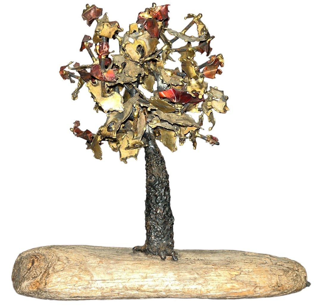After ALBERT GUIBARA Brutalist Metal Work Tree Sculpture: 9.75" H x 9.25" W x 3.25" D