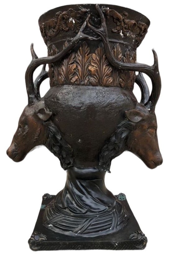 Bronze Double Elk Base Planter/ Table: Base measures 31" H x 15.25" x 15.25" at bottom; 32" H to glass top x 48" DIA of glass; 1" Bevel
