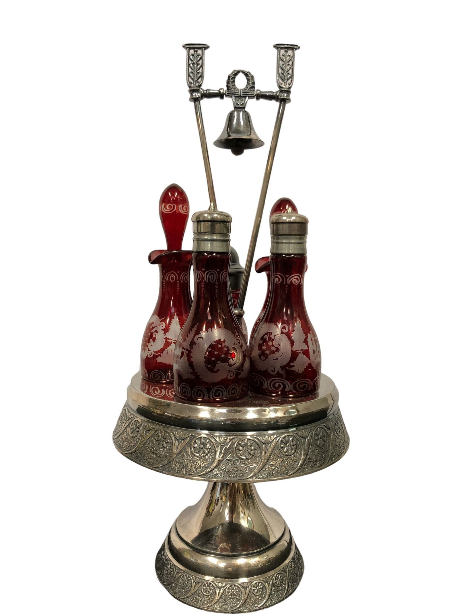 Ruby Bohemian Glass Cruet Set With Silverplate Holder (1 of 4)
