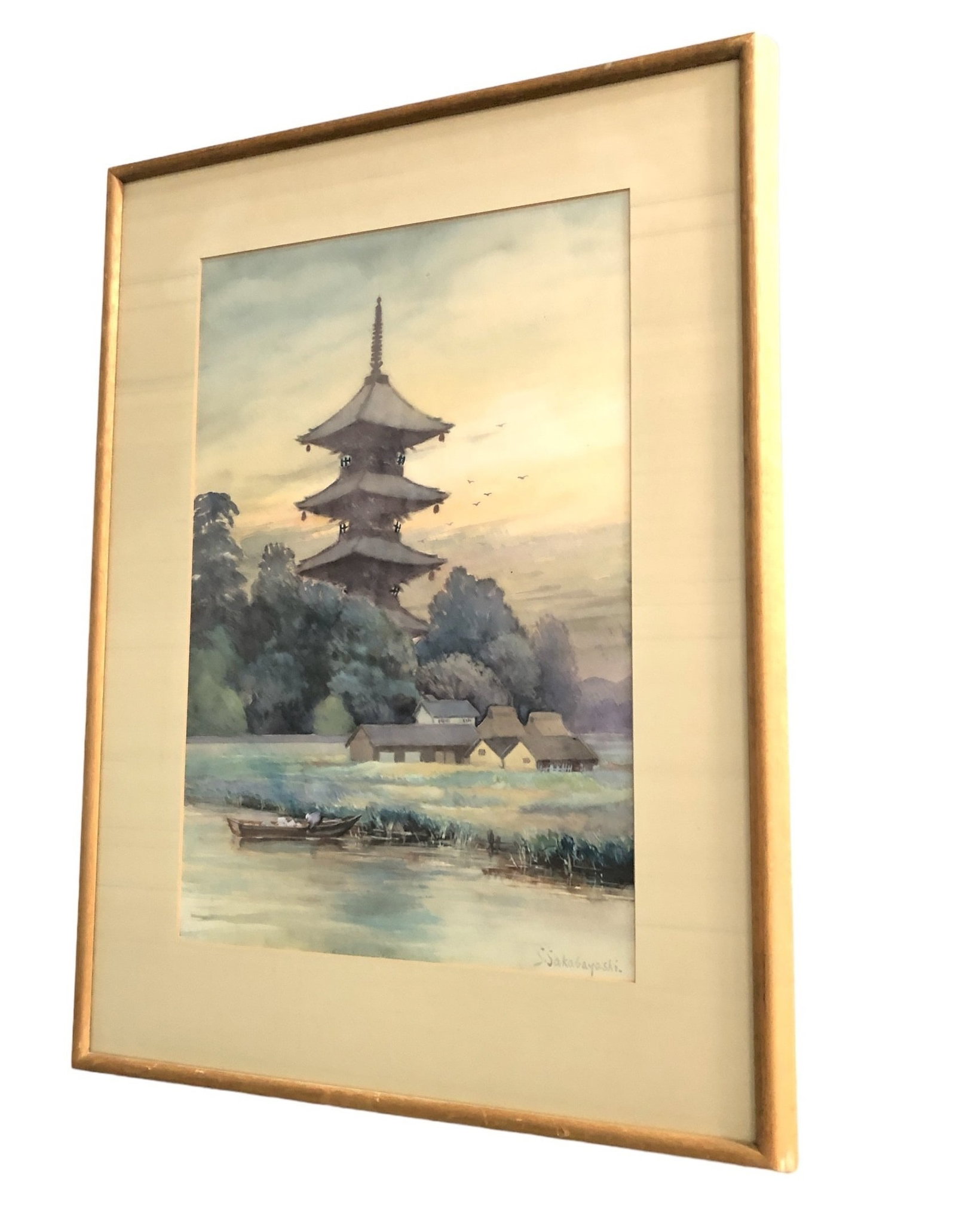Japanese Temple Watercolor Signed S. SAKABAYASHI: 27.5" H x 20" W in frame; 19.5" x 13" just artwork