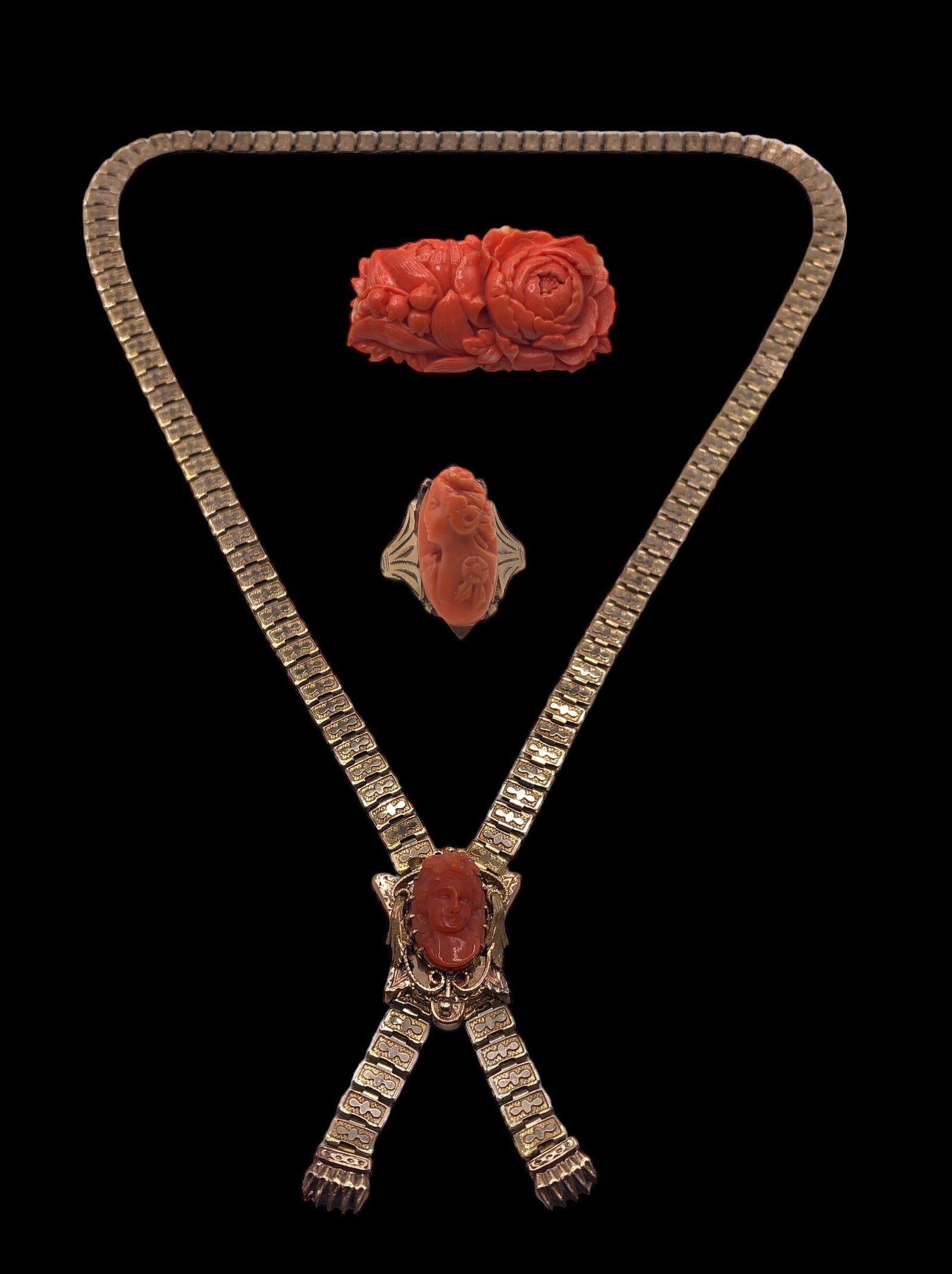 Victorian Coral Cameo Book Chain Necklace, 10K Gold Ring, & Coral Carved Brooch (1 of 7)