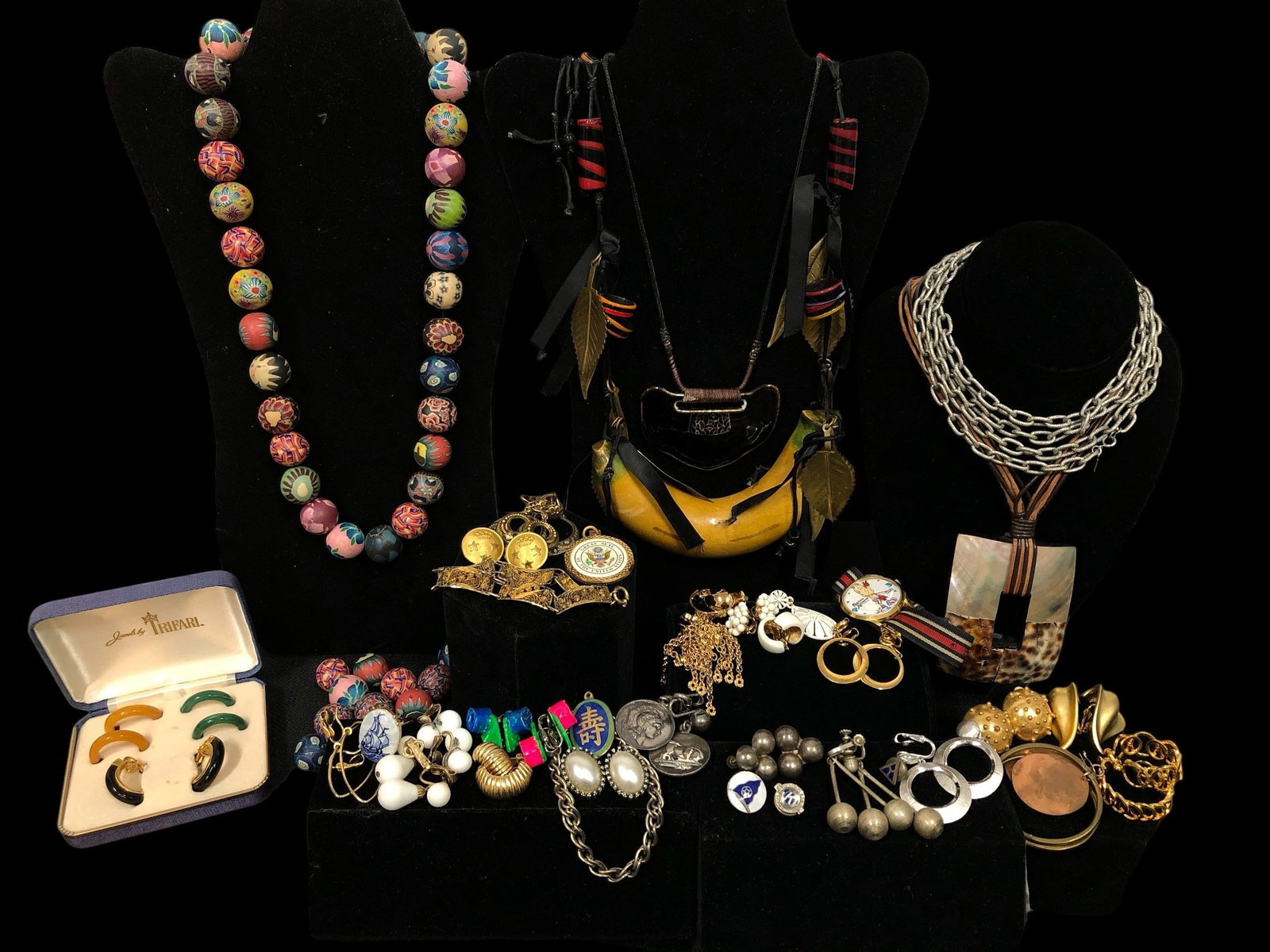 Large Collection Eclectic Costume Jewelry, Some Sterling Silver: Largest necklace measures 14" long. Includes some Mexican sterling silver.