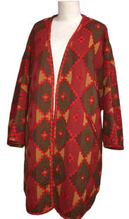 1980's VALENTINO Blanket Style Embroidered Aztec Jacket: 36" L, sleeves are 24" L, 32" armpit to armpit. Size 8