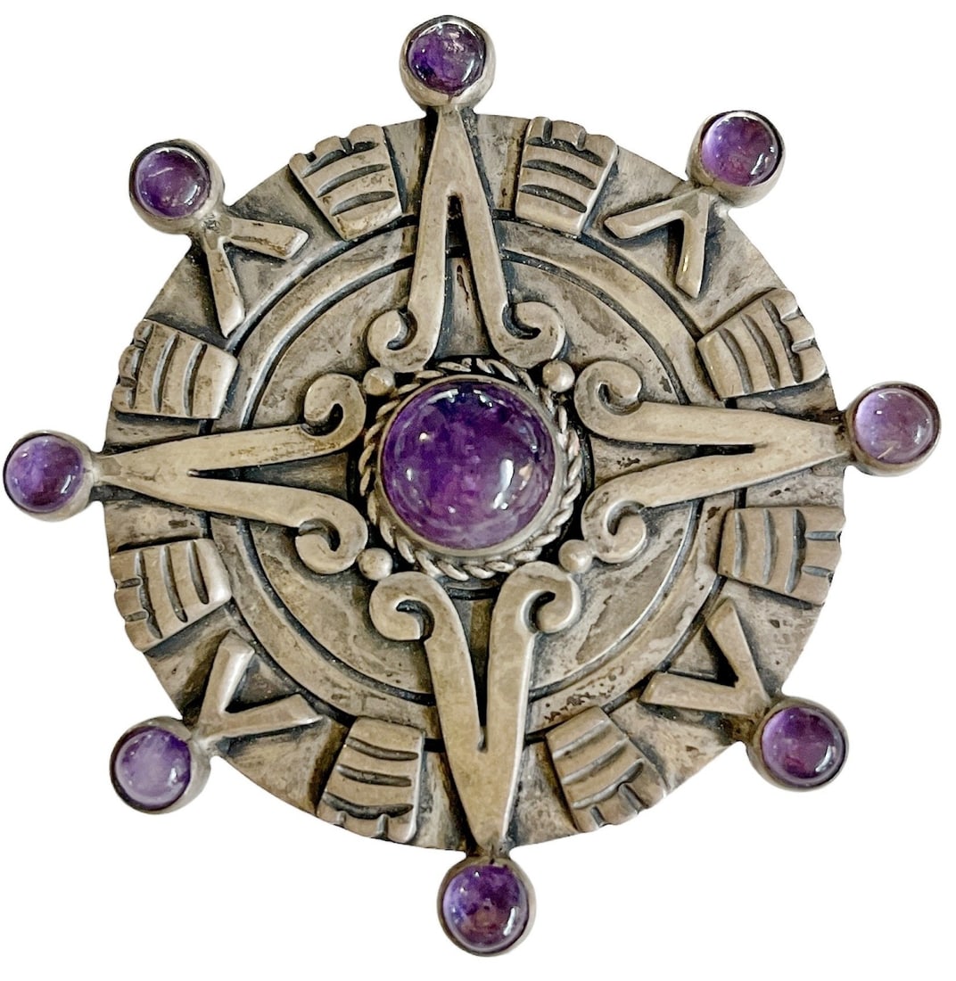Mexican Sterling Silver & Amethyst Brooch Pendant (1 of 2)