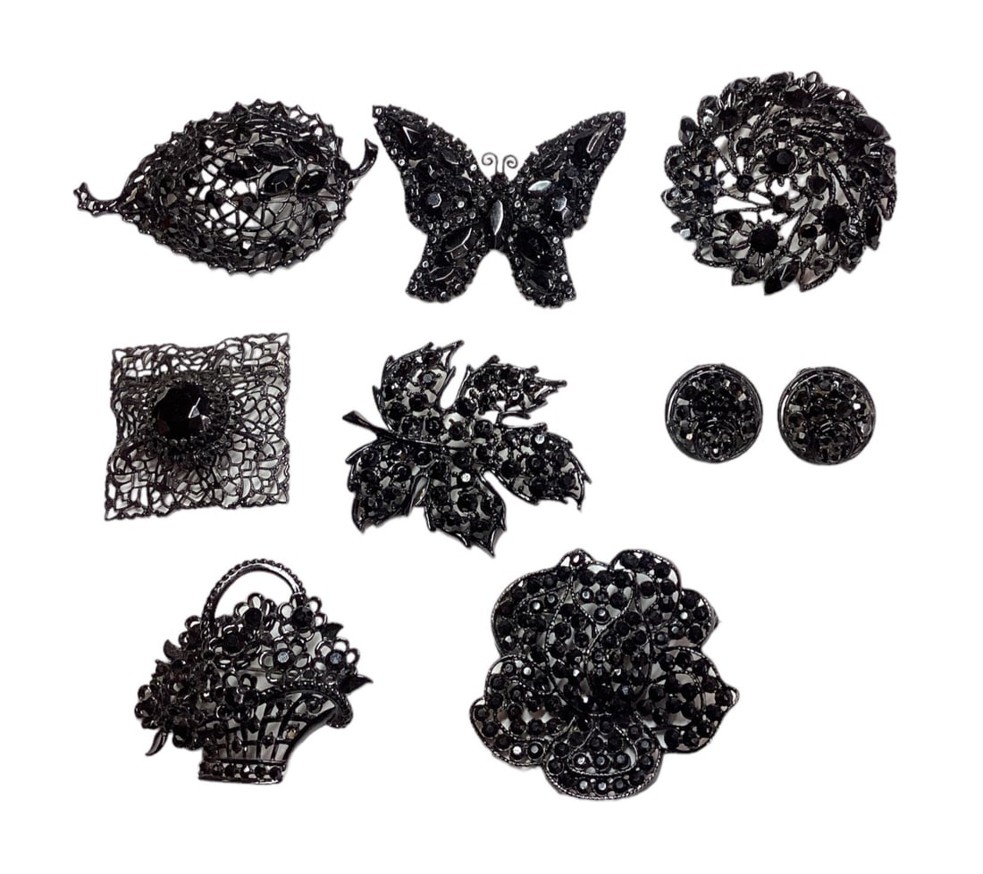 Collection Jet Black Rhinestone Costume Jewelry: Largest brooch is approx. 2.25" DIA