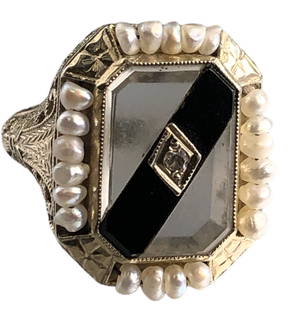 Art Deco 14k Diamond Pearl Onyx Filigree Ring: 1.8mm approx on pearls size 5.5, weighs 4.7g