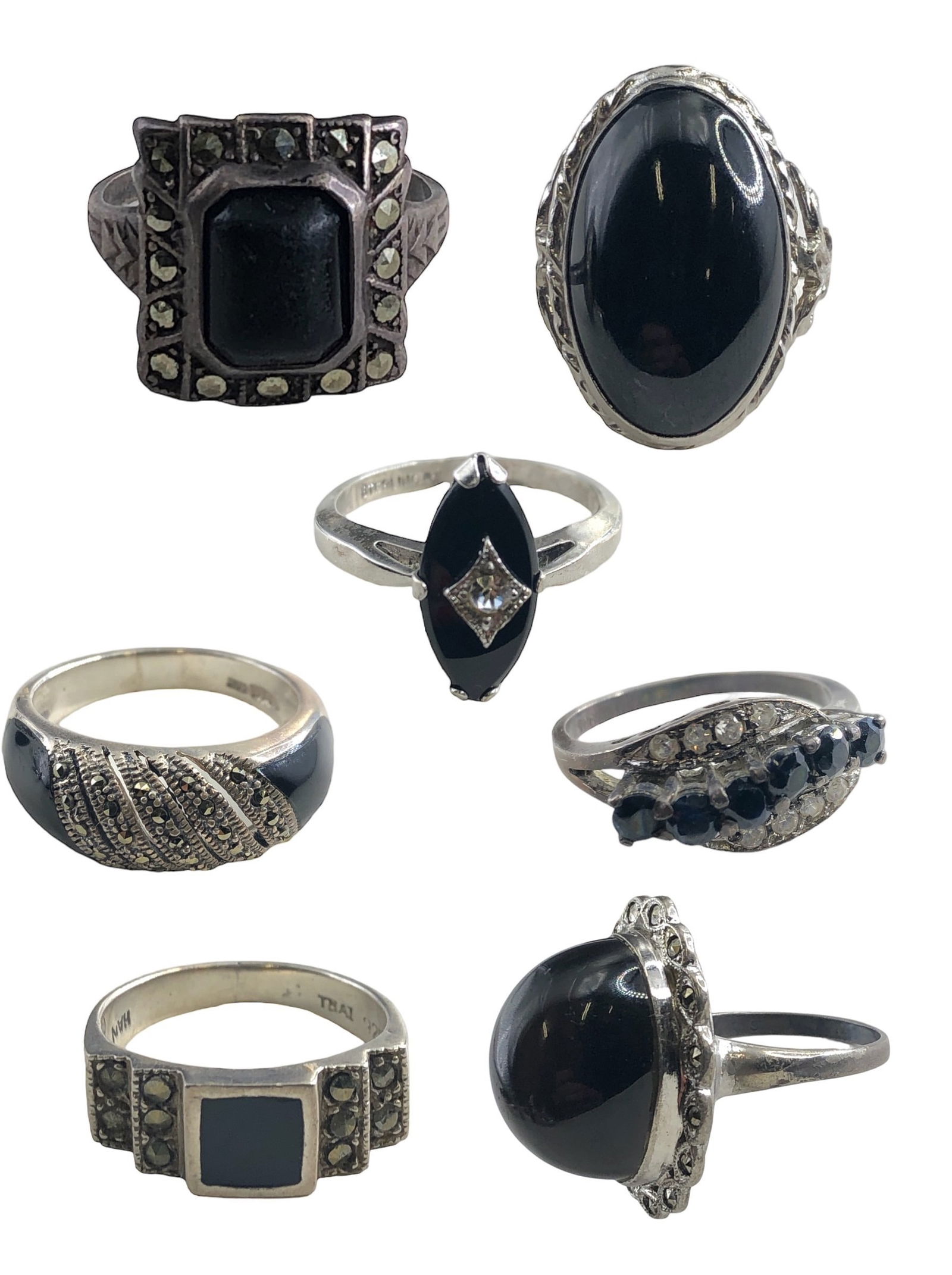 Collection (7) Sterling Silver, Marcasite, Onyx Rings (1 of 9)