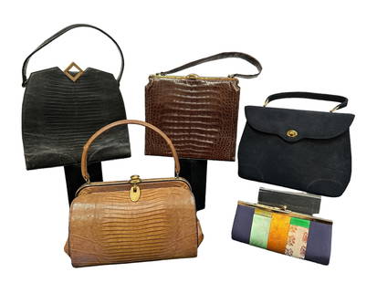 Collection 1950's Handbags Purses JOSEPH: Largest is the dark brown crocodile, measures 9.5W x 8.5 H