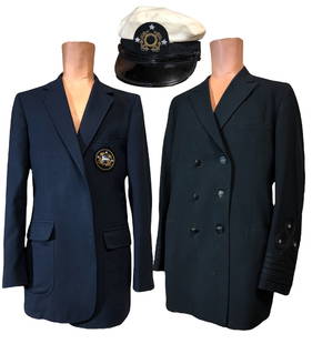 Vintage Yacht Captain Uniform: Black Jacket measures 33.5" shoulder to hem x 27" L sleeve x 21' W armpit to armpit; Navy Blue Jacket measures 33.5" shoulder to hem x 26.5" sleeve L x 20" W armpit to armpit; Captain's hat is a size