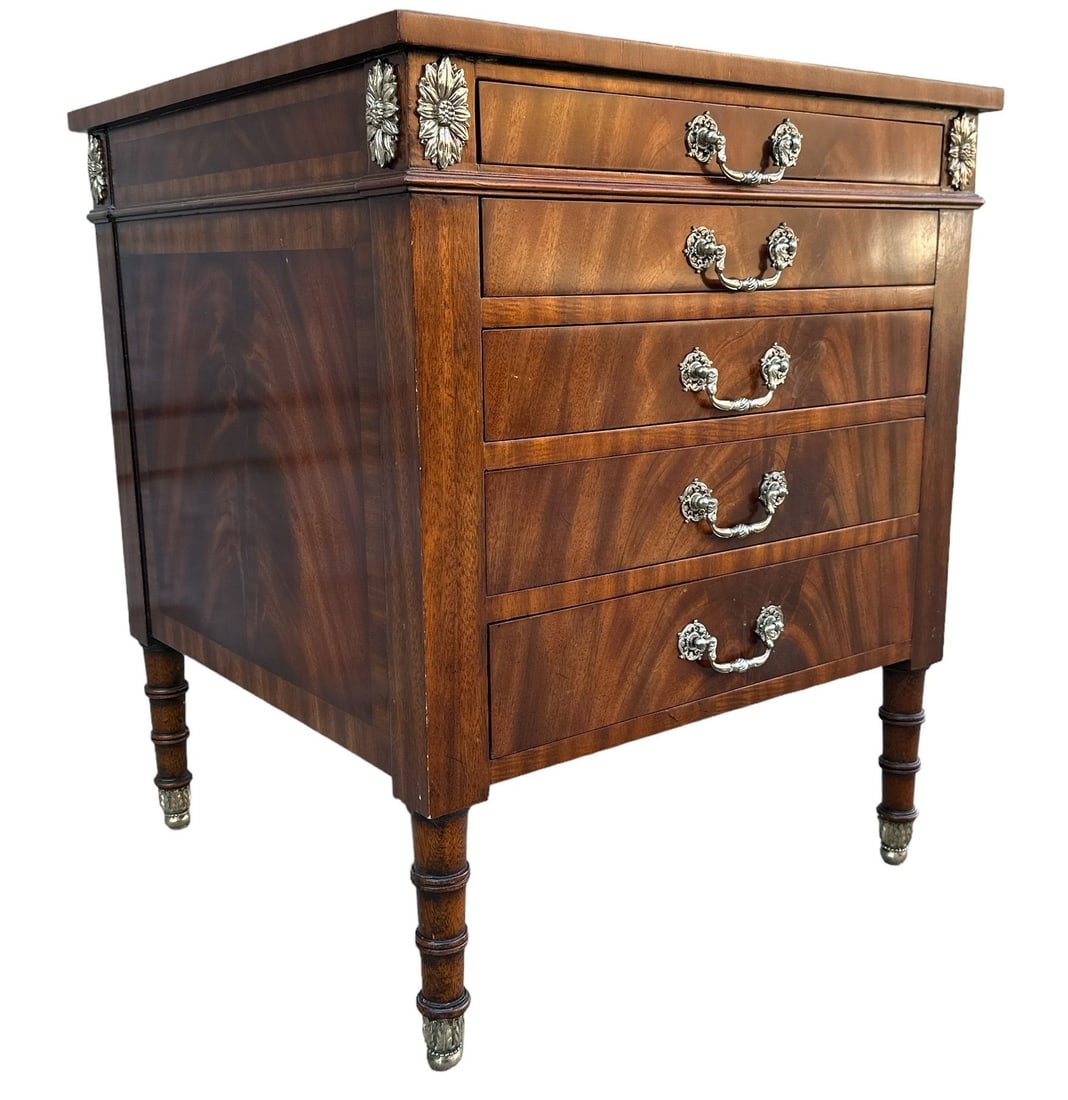 MAITLAND SMITH Fine Flame Mahogany Chest: 29" H x 24" x 24" Silver metal accents, handles, feet