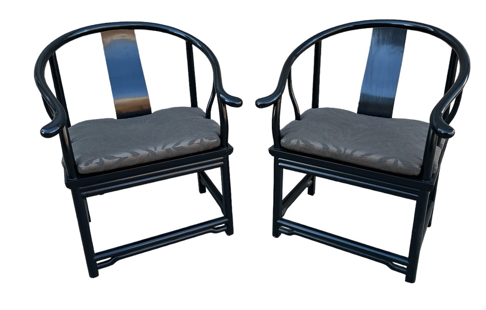 Vintage Chinese Round Back Chairs: 35" H to back x 19" H to seat cushion x 27.5" W x 21" D