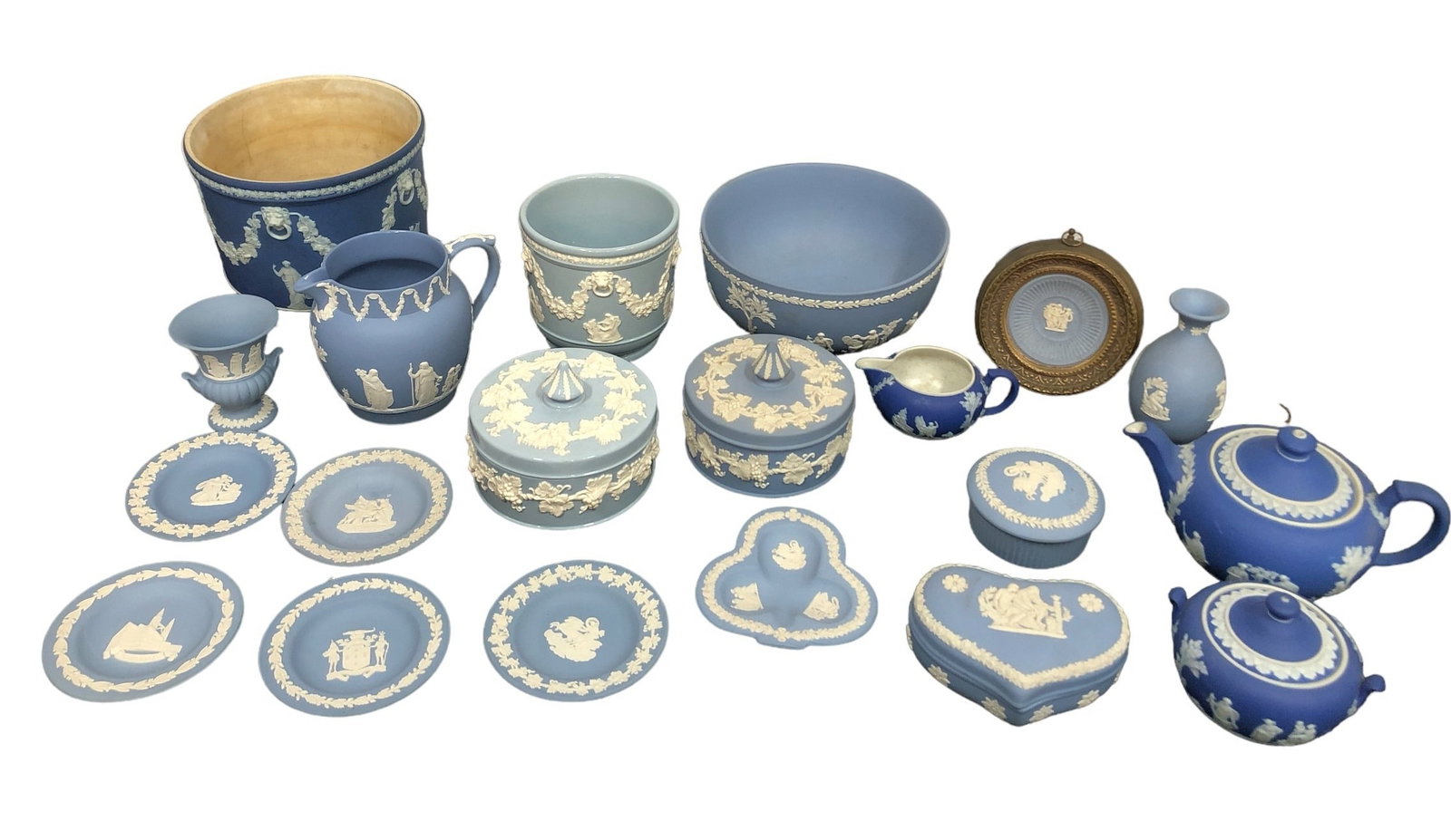 Large Collection WEDGWOOD Blue Jasperware 20+pc.: Largest piece is 6.5" H x 7.25" DIA