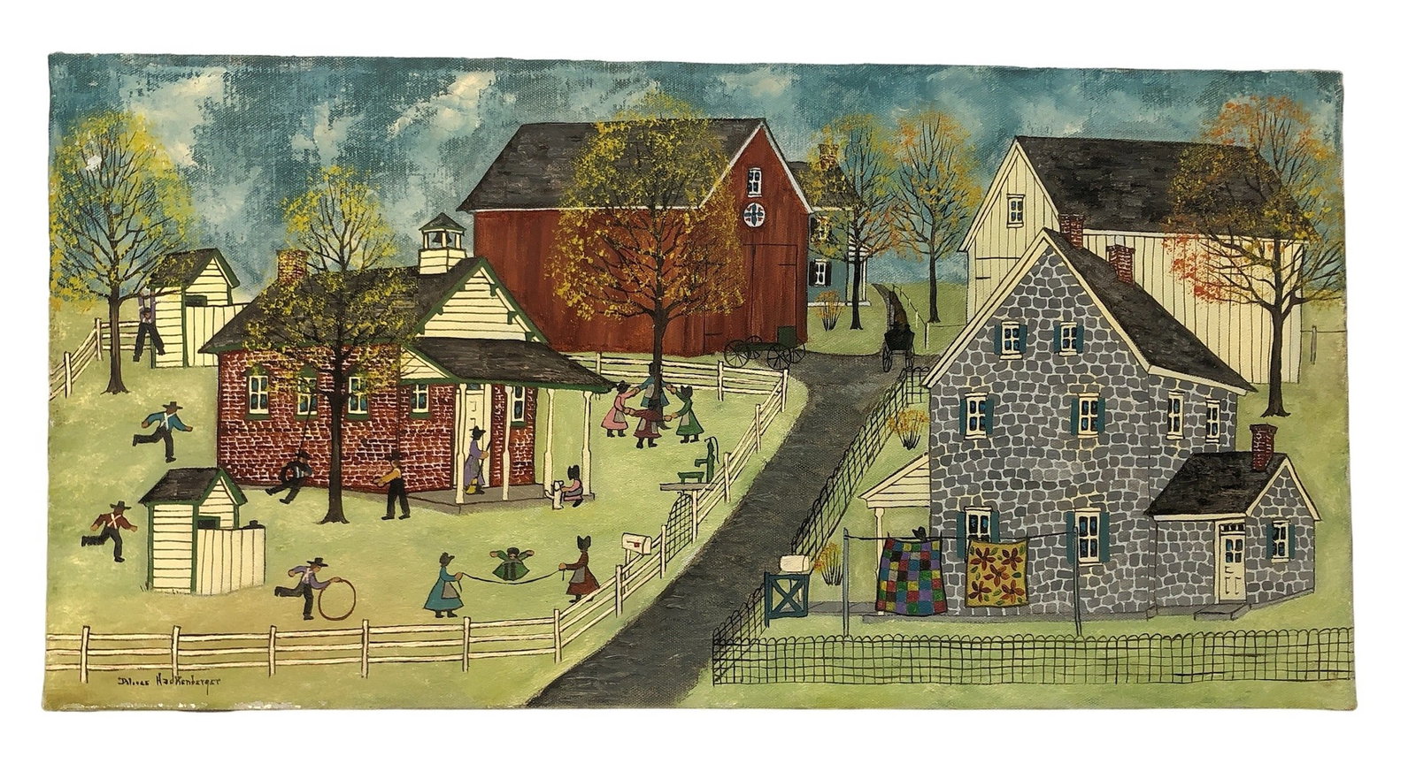 DOLORES HACKENBERGER Amish Scene Oil on Canvas: 12.25" H x 24" W