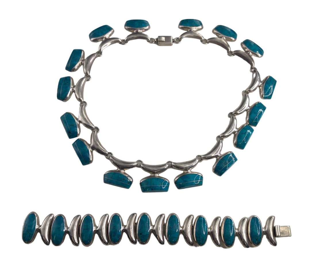 Mexican Sterling Silver and Turquoise Necklace and Bracelet (1 of 8)