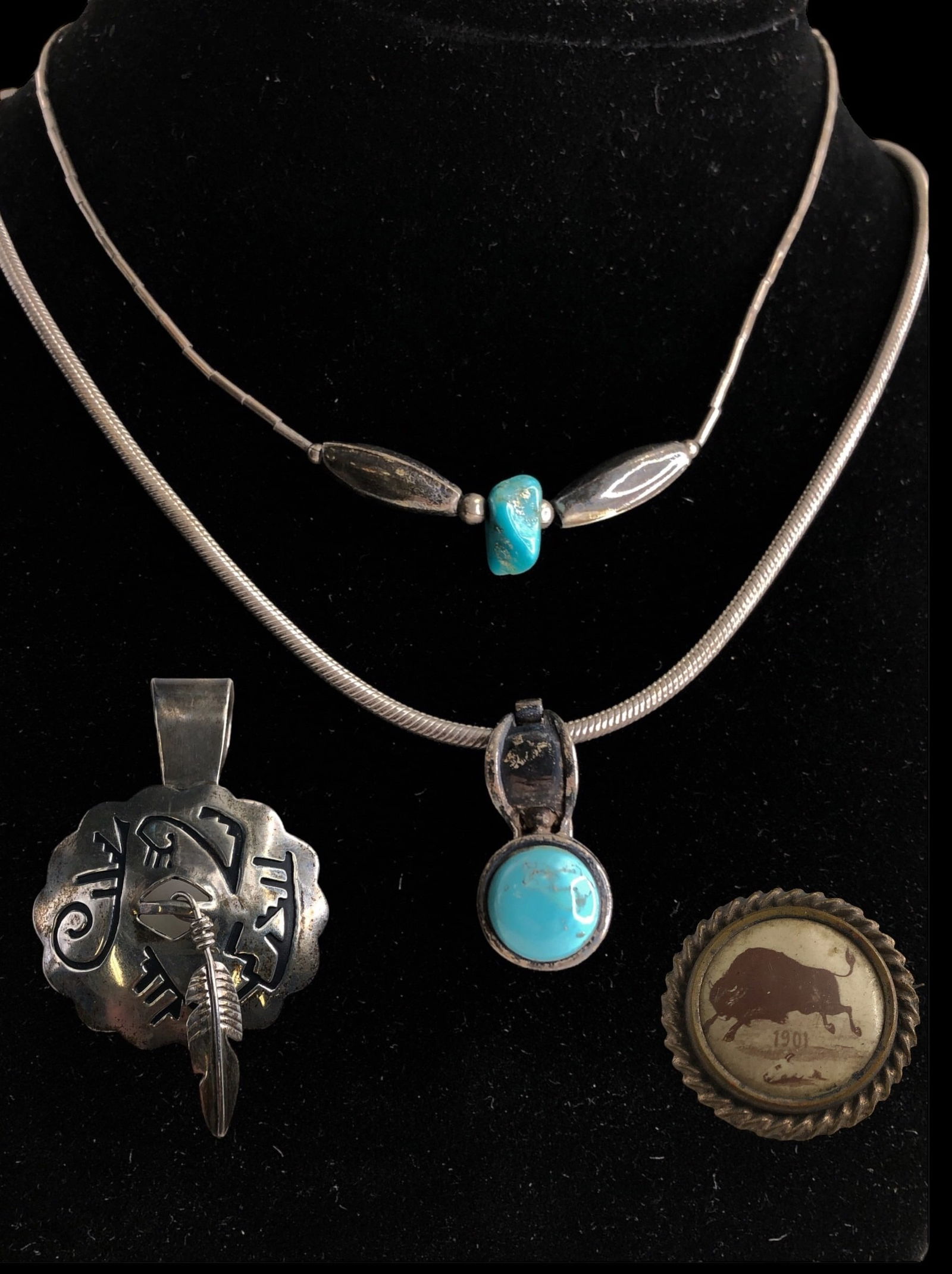 Assorted Native American Sterling Silver and Turquoise Necklaces, Pendant, Pin (1 of 7)