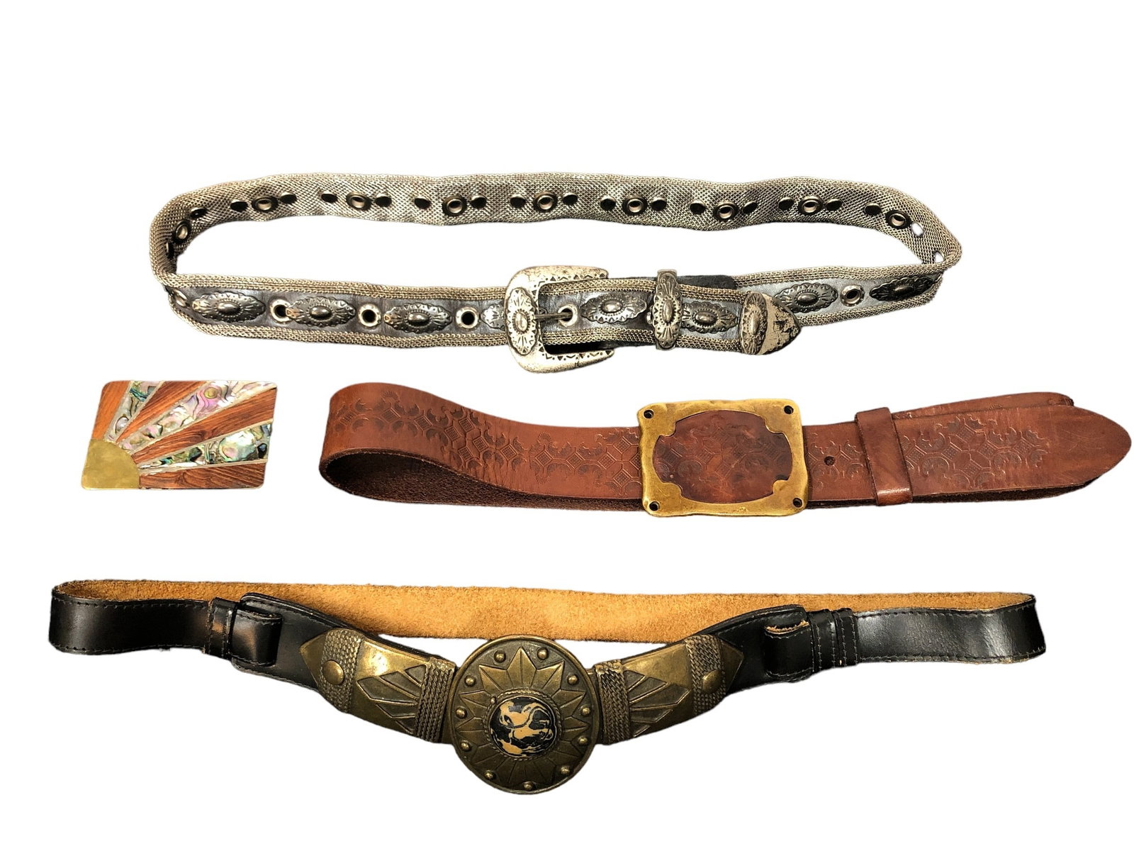 Collection of Leather, Mixed Metal, Abalone Southwestern Belts, Buckle: Abalone buckle is 2.25" H x 3.25" W