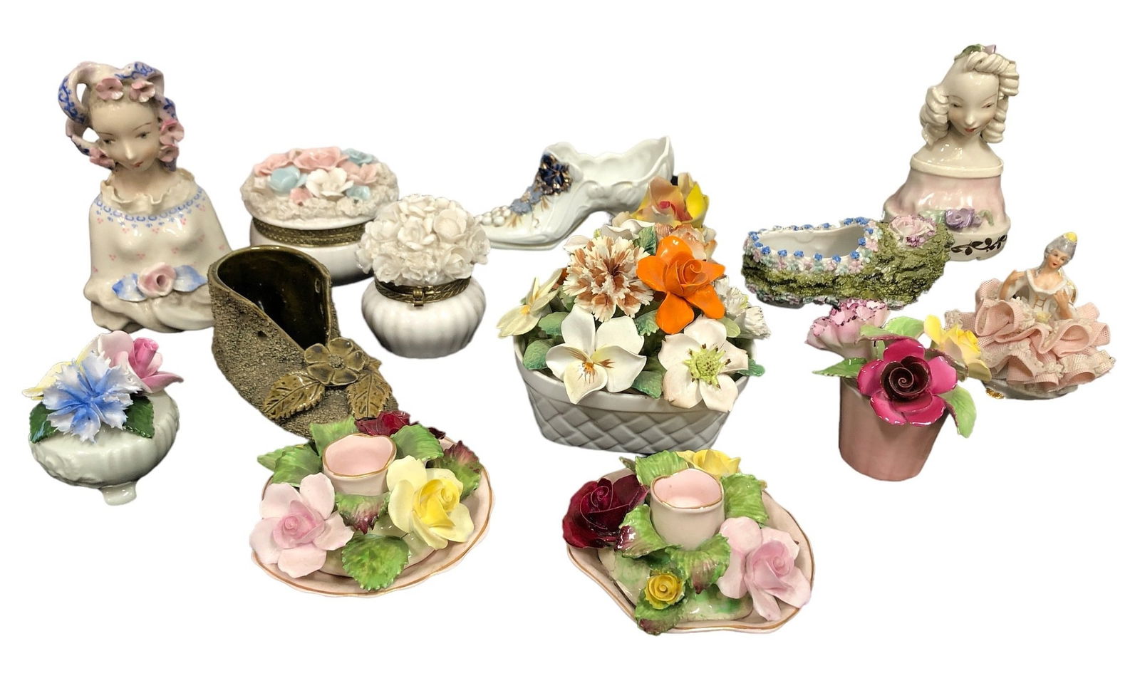 Collection Antique Porcelain Flower Bouquet, Trinket Boxes, & Figurines STAFFORDSHIRE, DENTON, (1 of 7)