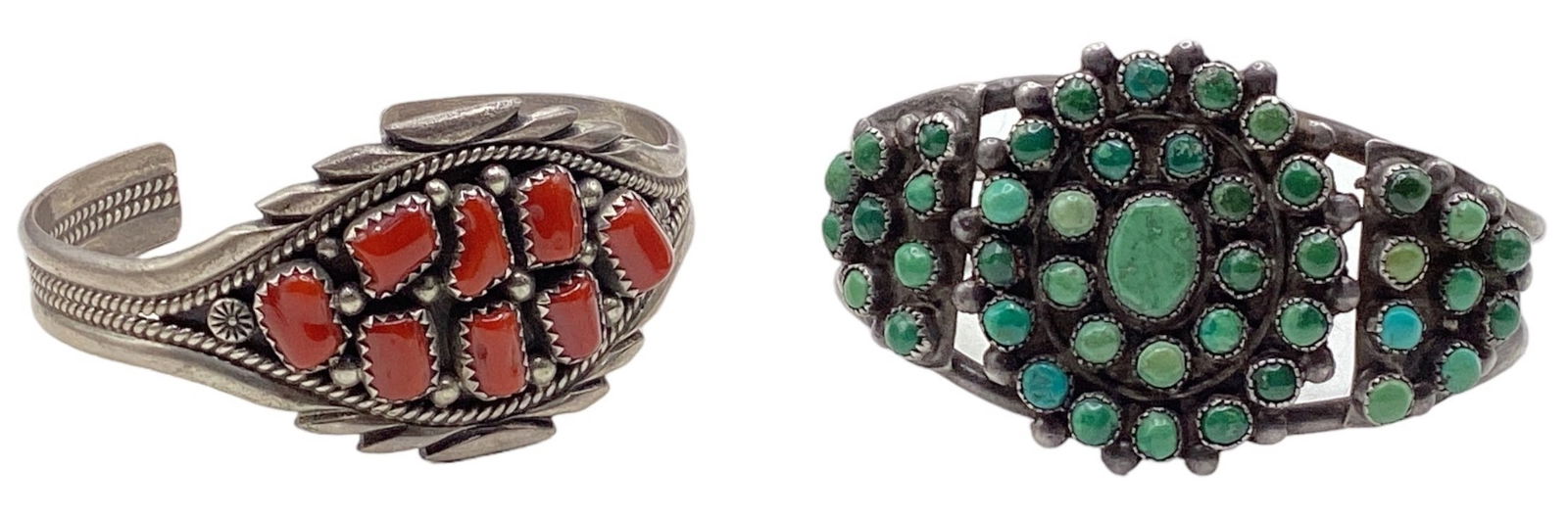 Two Southwestern Sterling Silver,Turquoise, Coral Cuff Bracelets: Coral Bracelet is signed D. Delgarito. Width of the turquoise cuff is 2.25", from the front to back, it is 1.75", inner DIA is 2". Total weight is 55g
