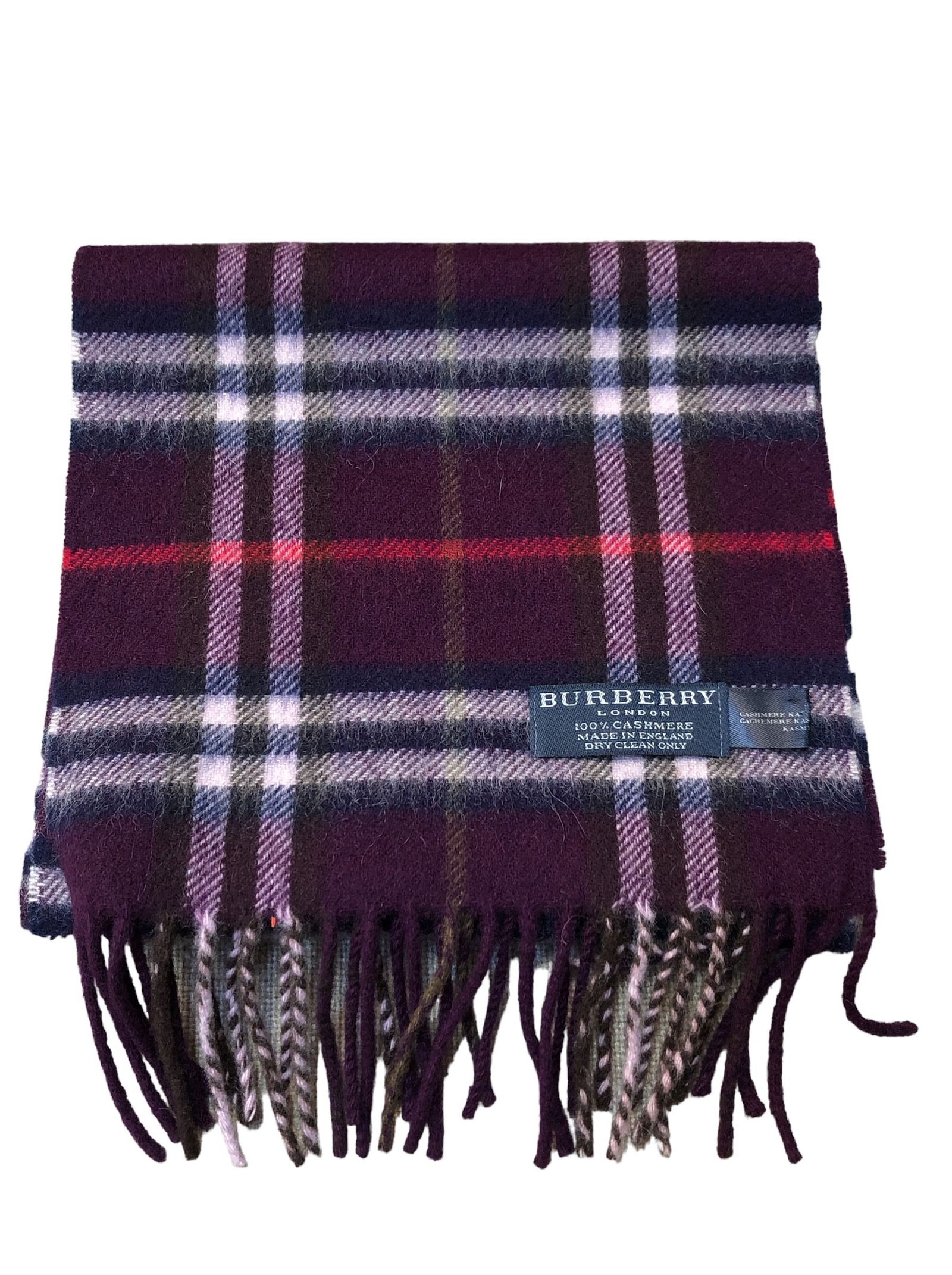 Vintage BURBERRY Purple Check Cashmere Scarf: 45" long not including fringe, 8" W