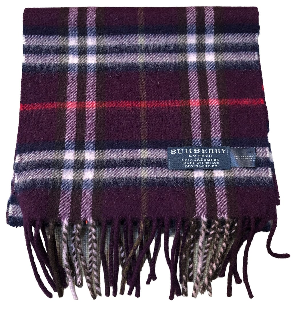 Vintage BURBERRY Purple Check Cashmere Scarf: 45" long not including fringe, 8" W