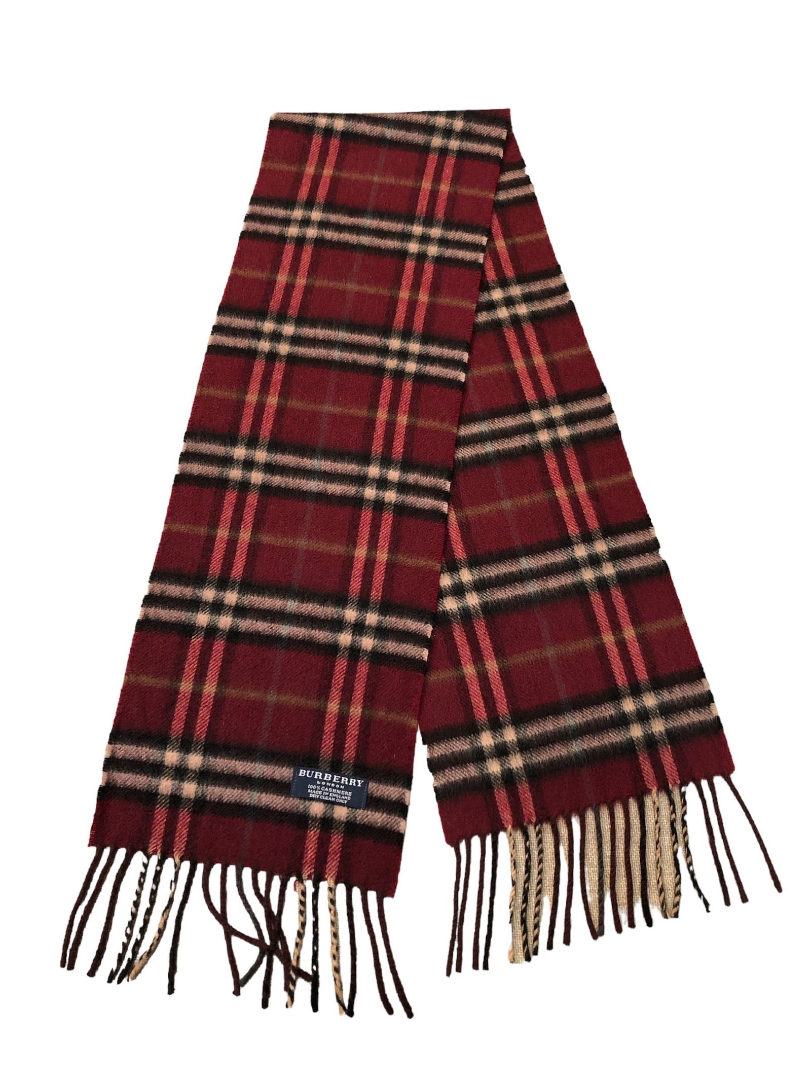 Vintage BURBERRY Maroon Check Cashmere Scarf: 49" long without fringe, 8" wide