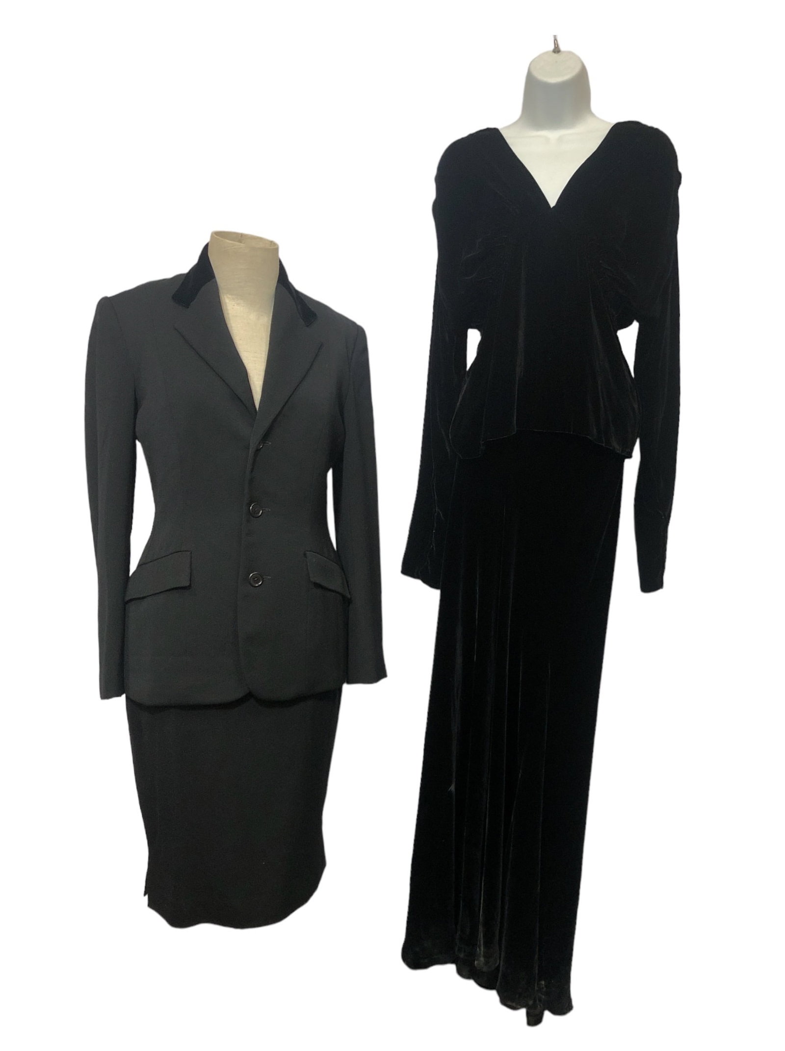 RALPH LAUREN Purple & Black Label Velvet Ladies Clothing: size 8 velvet skirt, 49in L , top is 10, sleeve is 25 , chest 32, suit sz 8 top is 27in L 34 across chest , 24in sleeve