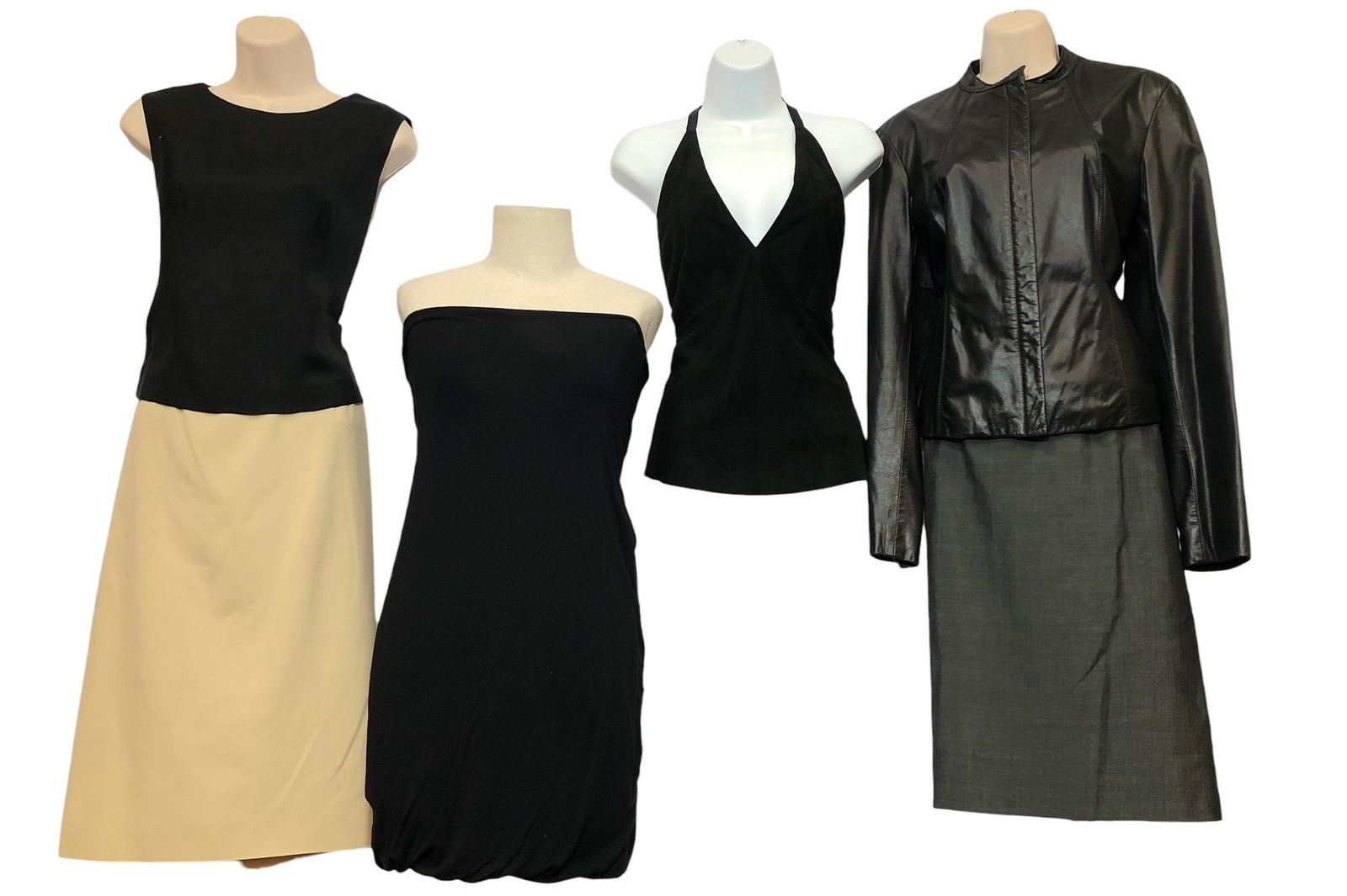 Collection Vintage DONNA KARAN, DKNY, Womens Clothing: Includes two skirts, one dress, a halter top, and leather jacket. Also includes one shift top that is not tagged. Halter top is tagged size 8, skirt is tagged size 10, dress is tagged M, leather jacke
