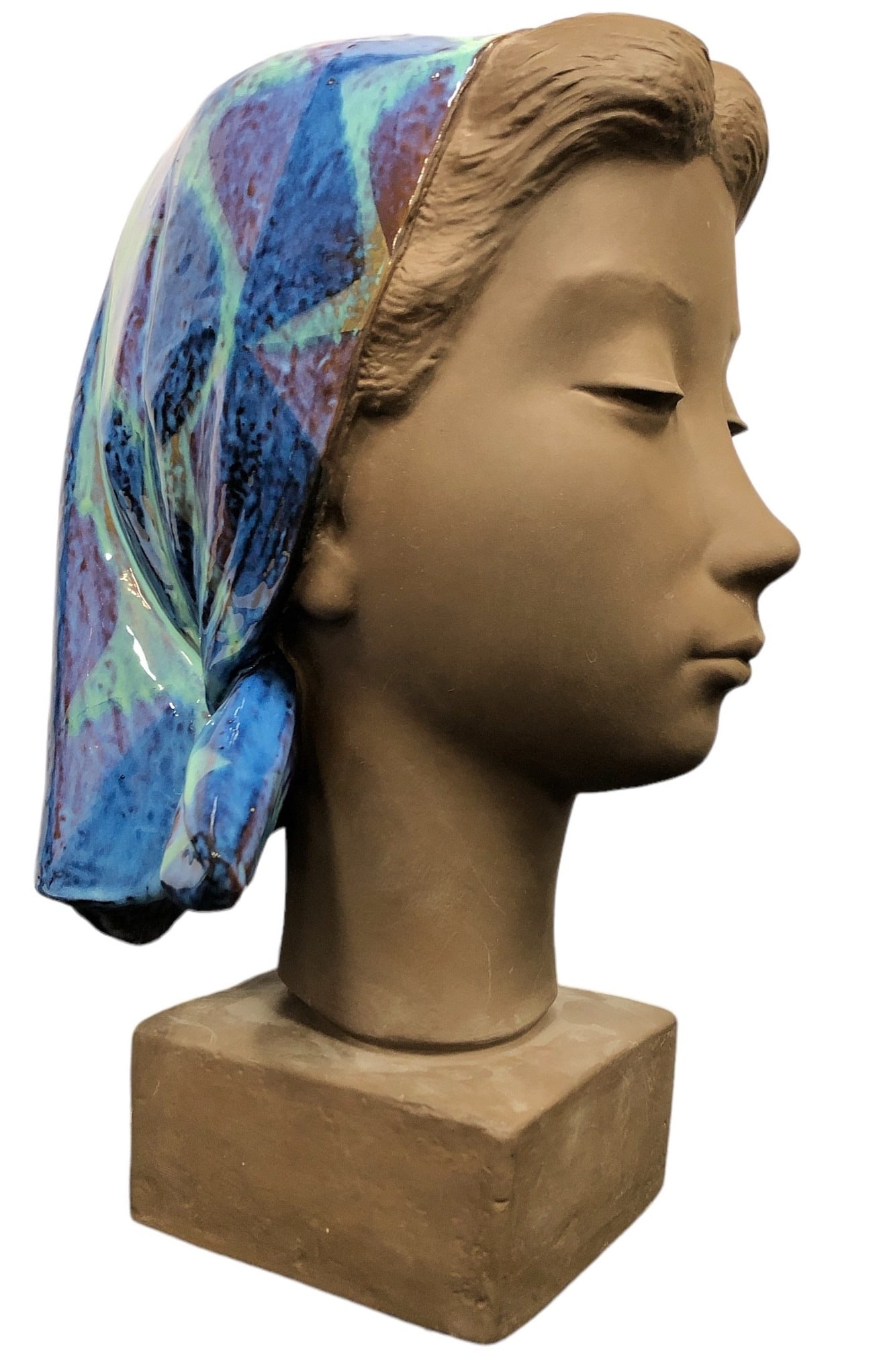 JOHANNES HEDEGAARD Danish Ceramic Female Head Bust: 13.5" H x 8" W x 9.5" D; Royal Copenhagen Danish Pottery Bust; Signed on bottom