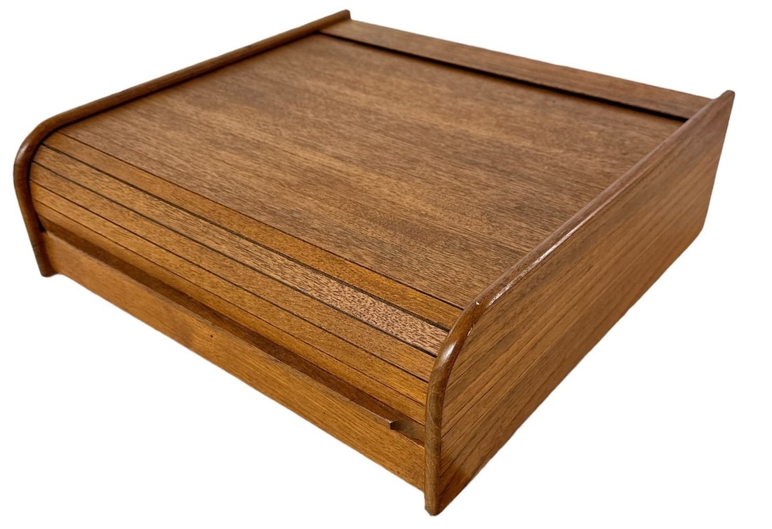 Mid Century Teak Tambour Desk Organizer: 4.75" H x 14.5" W x 14" Designed Teak-Tech Dallas, TX.