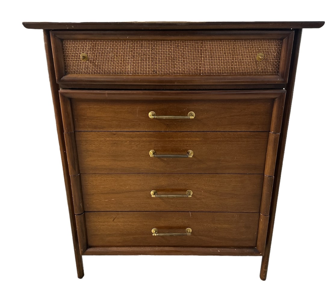 Mid Century Walnut & Cane Highboy Dresser (1 of 5)