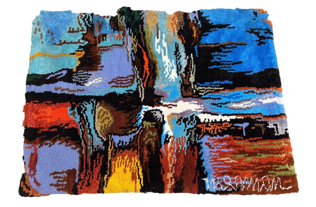 Large Mid Century Hook Rug NIERMAN Style: approx 50in H x 66in W, straps are 5in long, 1in deep