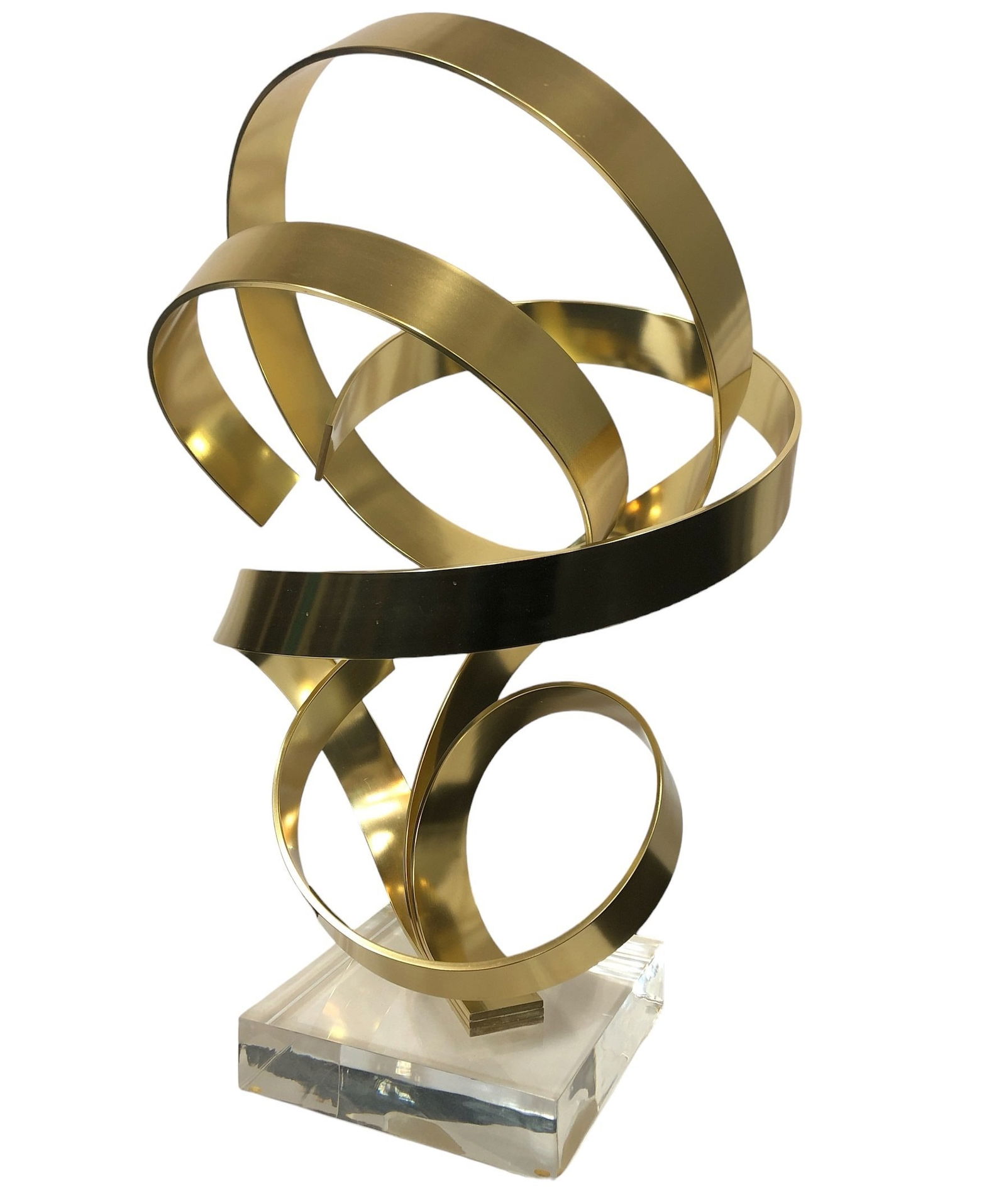 Mid Century Signed DAN MURPHY Abstract Ribbon Sculpture: 20.75" H X 11" w X 13" d; Base is 6.75" x 6.75"; Aluminum and Lucite Base