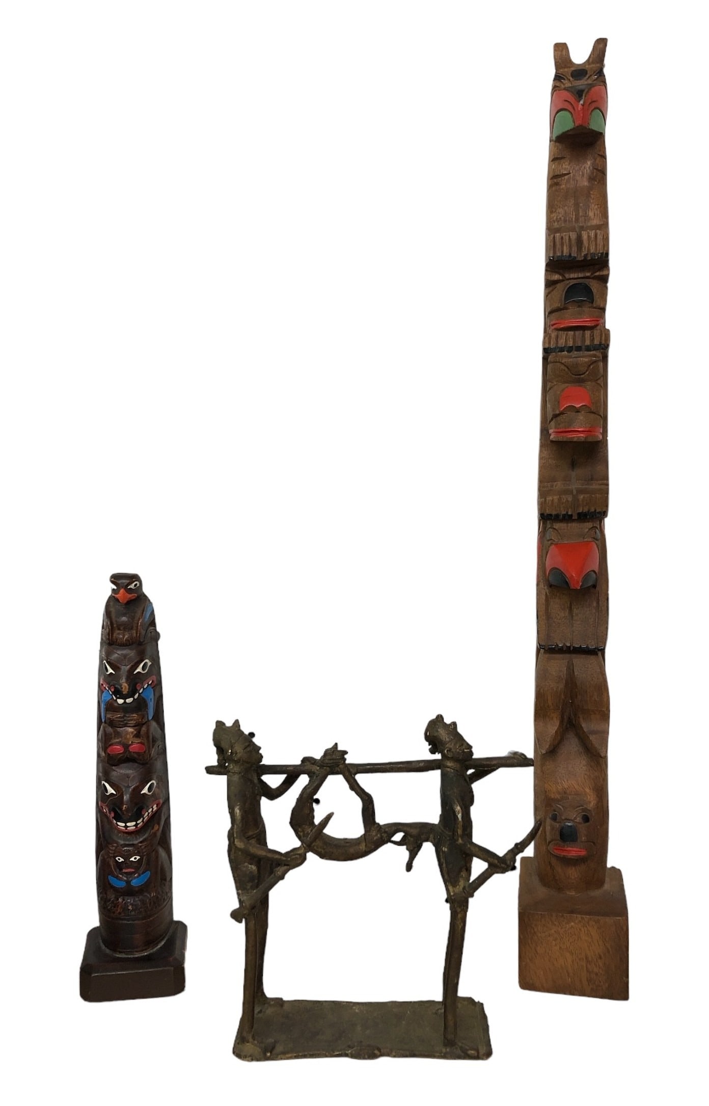 Two Small Totem Pole Statues & African Tikar Bronze Sculpture (1 of 10)