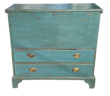 Primitive 1800s Painted Blue Sugar Chest: 38" H x 29.5" L x 16.5" DAppears to be constructed completely of pine. Dovetail construction to the drawers, hand chamfered drawer bottoms, and square nail construction.