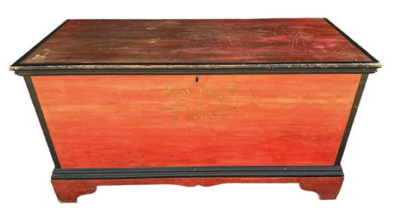 Large Primitive Blanket Chest Trunk: 24" H x 43.5" L x 18.5" D; "J.H Yoder 1898" Painted on front