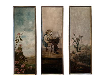 Idyllic French Boy & Floral Oil on Canvas Triptych Painting: Each panel measures 58" H x 19.25" W x 2" D