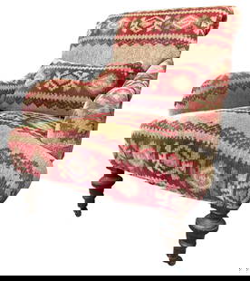 GEORGE SMITH Style Kilim Armchair: 34" high to the back, 14" high to the seat, 27" arm to arm, 22" deep