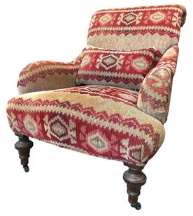 GEORGE SMITH Style Kilim Armchair: 34" high to the back, 14" high to the seat, 27" arm to arm, 22" deep