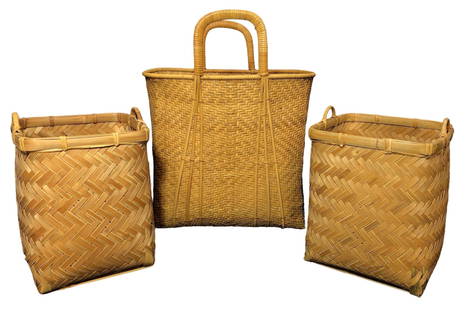 Collection Mid Century Woven Wicker Baskets: Largest basket measures 19.25" H to top of handle x 16" W x 12" D