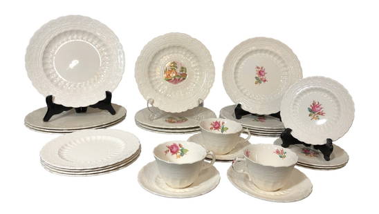 Collection Assorted SPODE"S JEWEL Dinnerware: Larger dinner plate with no flowers on it is 10.25" DIA, the smaller plate with no flowers is 8" in DIA. Farmhouse plates are 9.25" DIA. Larger Moss Rose plate is 9" DIA, smaller is 6" DIA, saucers