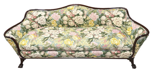 Cabbage Rose Print Chippendale Sofa, Ball & Claw Feet: 34.5" H to back x 20" H to seat x 83" L x 31" D