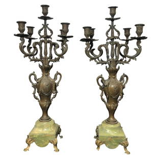 19th Century Bronze & Onyx 5-Arm Candelabras, Pair: each measure 27" H x 11" W x 9" D